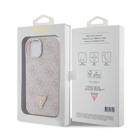Apple iPhone 15 Kılıf Guess Orjinal Lisanslı PU Deri Taşlı Üçgen Logo 4G Desenli Strass Kapak