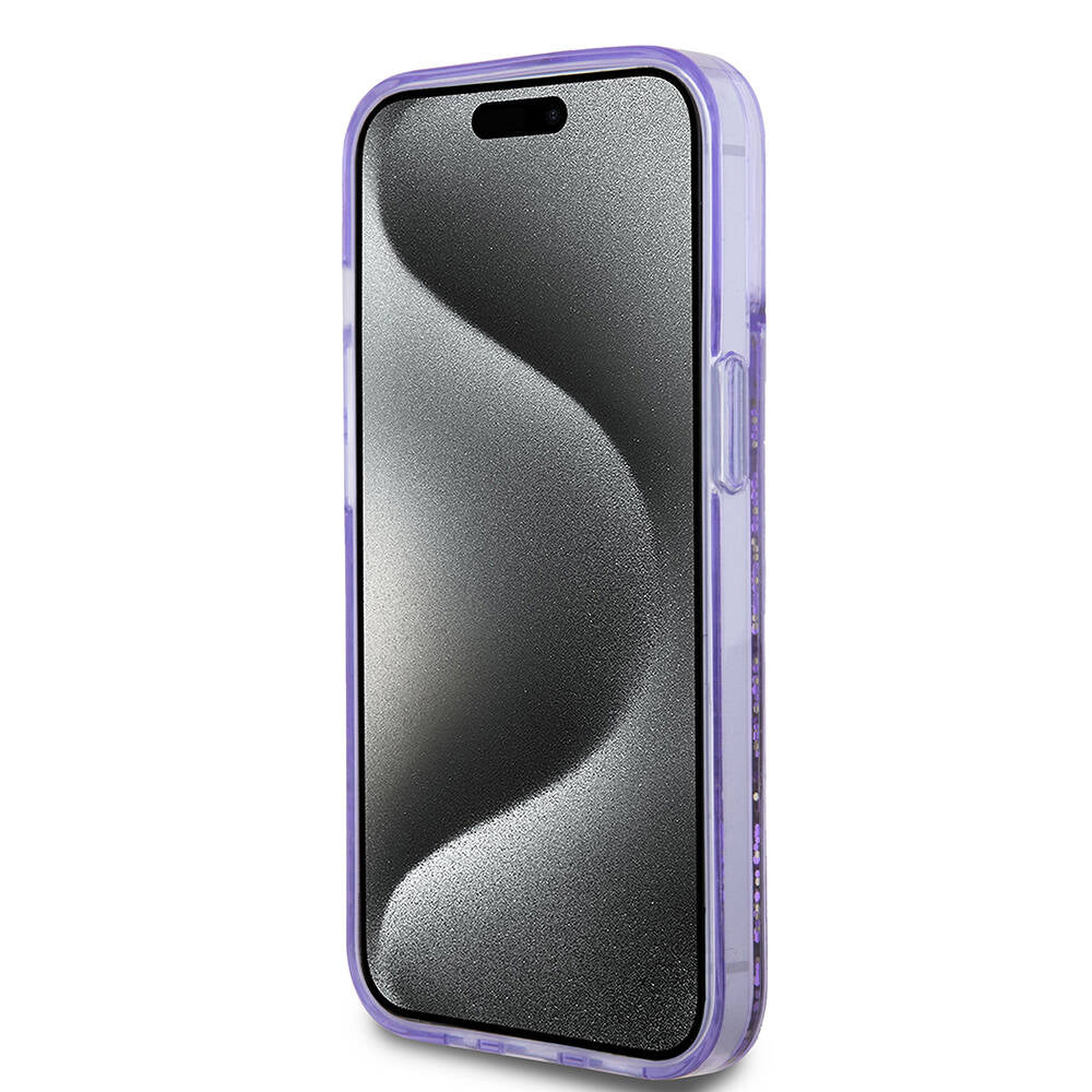 Apple iPhone 15 Kılıf Guess Orjinal Lisanslı Transparan Sıvılı Simli Altın Çizgili Kapak