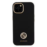 Apple iPhone 15 Kılıf Guess Orjinal Lisanslı Yazı ve Taşlı 4G Logolu Metal Kamera Çerçeveli Silikon Kapak