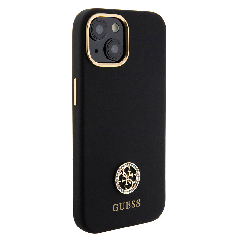 Apple iPhone 15 Kılıf Guess Orjinal Lisanslı Yazı ve Taşlı 4G Logolu Metal Kamera Çerçeveli Silikon Kapak