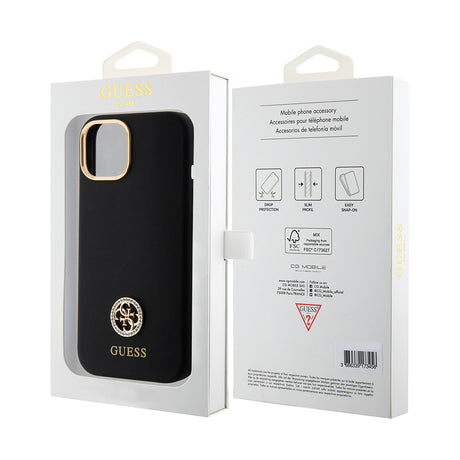 Apple iPhone 15 Kılıf Guess Orjinal Lisanslı Yazı ve Taşlı 4G Logolu Metal Kamera Çerçeveli Silikon Kapak