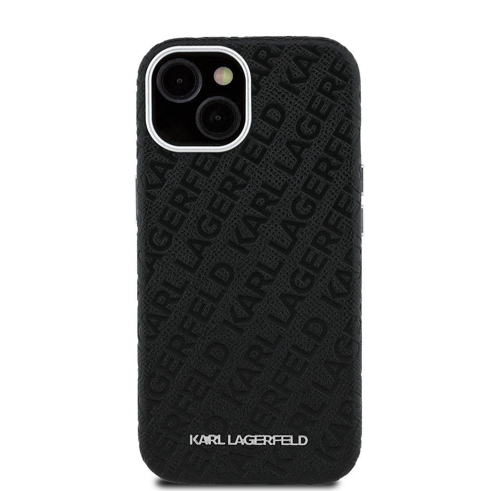 Apple iPhone 15 Kılıf Karl Lagerfeld Orjinal Lisanslı PU Deri Damgalı Metal Yazı Logolu Kapak