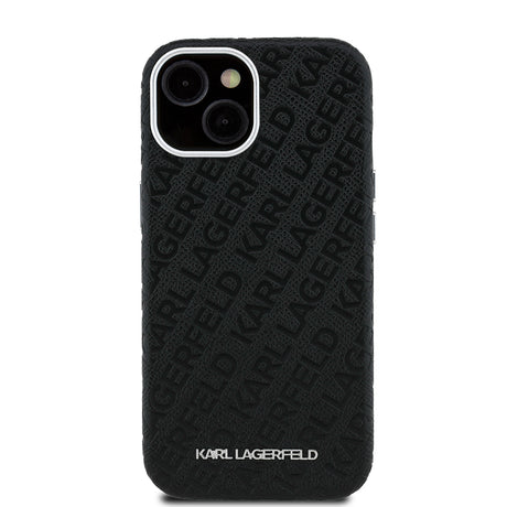 Apple iPhone 15 Kılıf Karl Lagerfeld Orjinal Lisanslı PU Deri Damgalı Metal Yazı Logolu Kapak