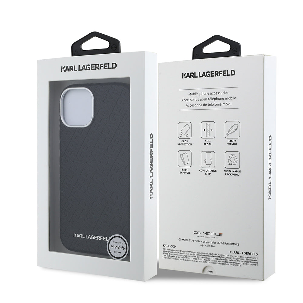Apple iPhone 15 Kılıf Karl Lagerfeld Orjinal Lisanslı PU Deri Damgalı Metal Yazı Logolu Kapak