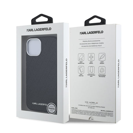 Apple iPhone 15 Kılıf Karl Lagerfeld Orjinal Lisanslı PU Deri Damgalı Metal Yazı Logolu Kapak