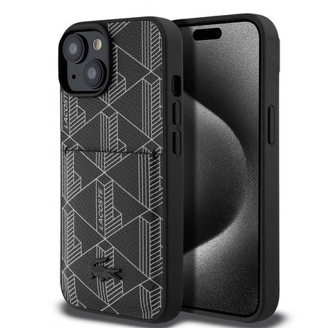 Apple iPhone 15 Kılıf Lacoste Orjinal Lisanslı M-safe Şarj Özellikli PU Deri Görünümlü Kartlıklı Karışık Monogram Desenli Kapak