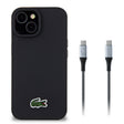Apple iPhone 15 Kılıf Lacoste Orjinal Lisanslı PU Pike Desenli Arka Yüzey İkonik Timsah Dokuma Logolu Kapak + Type-C Kablo 1.5m