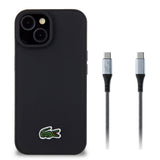 Apple iPhone 15 Kılıf Lacoste Orjinal Lisanslı PU Pike Desenli Arka Yüzey İkonik Timsah Dokuma Logolu Kapak + Type-C Kablo 1.5m
