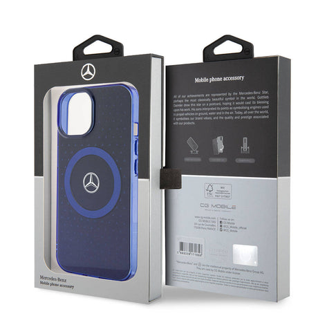 Apple iPhone 15 Kılıf Mercedes Benz Orjinal Lisanslı M-safe Şarj Özellikli Çift Katmanlı Mavi Yıldız Desenli Kapak