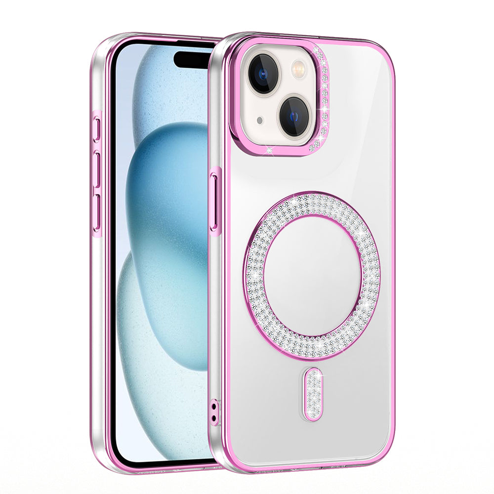 Apple iPhone 15 Kılıf Pırlanta Taş Tasarımlı M-safe Şarj Özellikli Zore Karetta Silikon Kapak