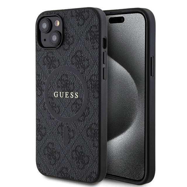 Apple iPhone 15 Plus Guess Orjinal Lisanslı M-safe Şarj Özellikli PU Halkalı 4G Desenli Yazı Logolu Kapak