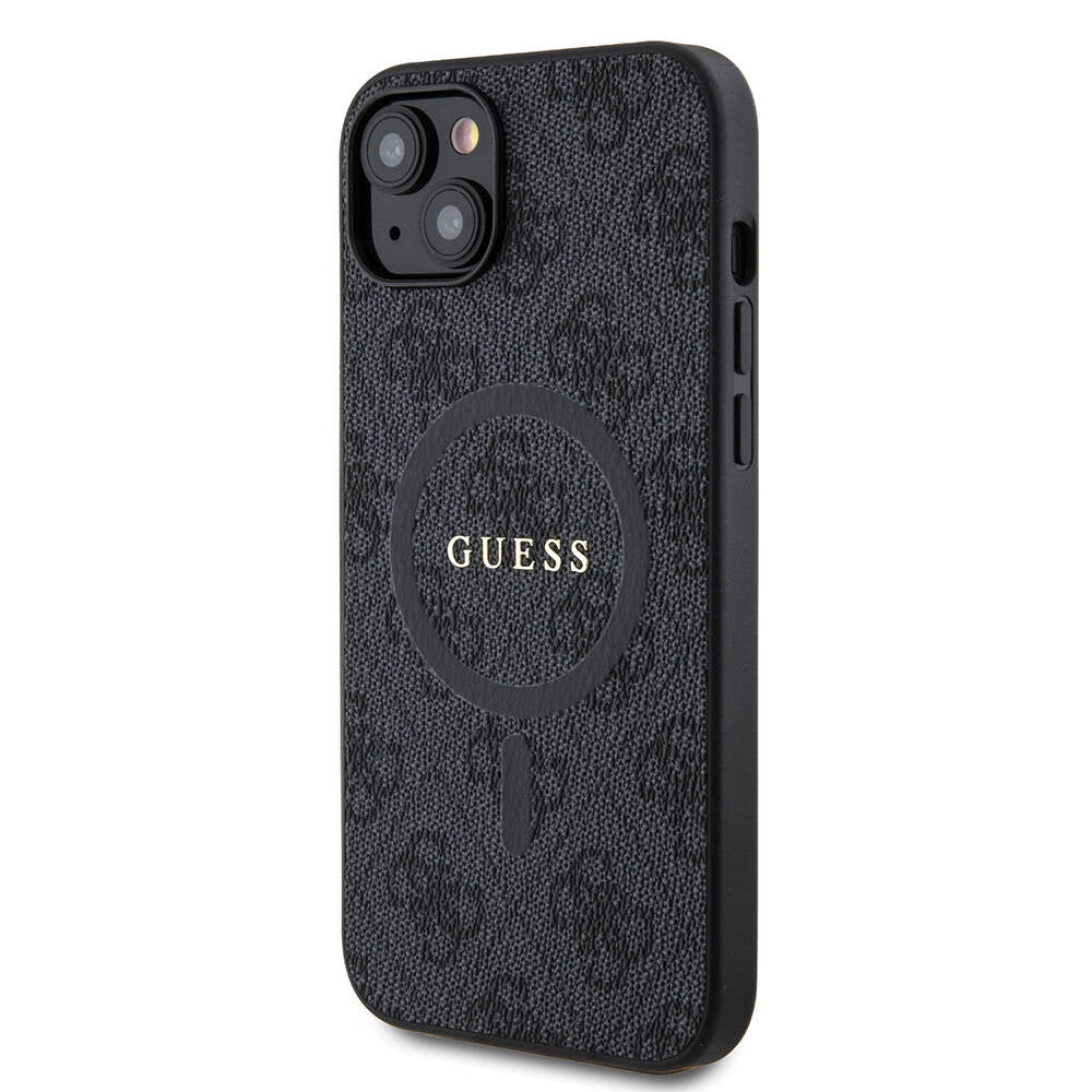 Apple iPhone 15 Plus Guess Orjinal Lisanslı M-safe Şarj Özellikli PU Halkalı 4G Desenli Yazı Logolu Kapak
