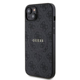 Apple iPhone 15 Plus Guess Orjinal Lisanslı M-safe Şarj Özellikli PU Halkalı 4G Desenli Yazı Logolu Kapak