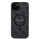 Apple iPhone 15 Plus Guess Orjinal Lisanslı M-safe Şarj Özellikli PU Halkalı 4G Desenli Yazı Logolu Kapak