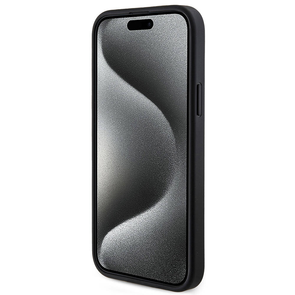 Apple iPhone 15 Plus Guess Orjinal Lisanslı M-safe Şarj Özellikli PU Halkalı 4G Desenli Yazı Logolu Kapak