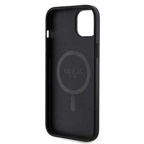Apple iPhone 15 Plus Guess Orjinal Lisanslı M-safe Şarj Özellikli PU Halkalı 4G Desenli Yazı Logolu Kapak