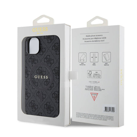 Apple iPhone 15 Plus Guess Orjinal Lisanslı M-safe Şarj Özellikli PU Halkalı 4G Desenli Yazı Logolu Kapak