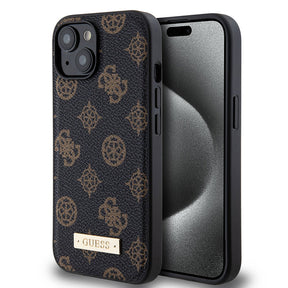 Apple iPhone 15 Plus Kılıf Guess M-safe Şarj Özellikli PU Deri Desenli Metal Plaka Logolu Kapak