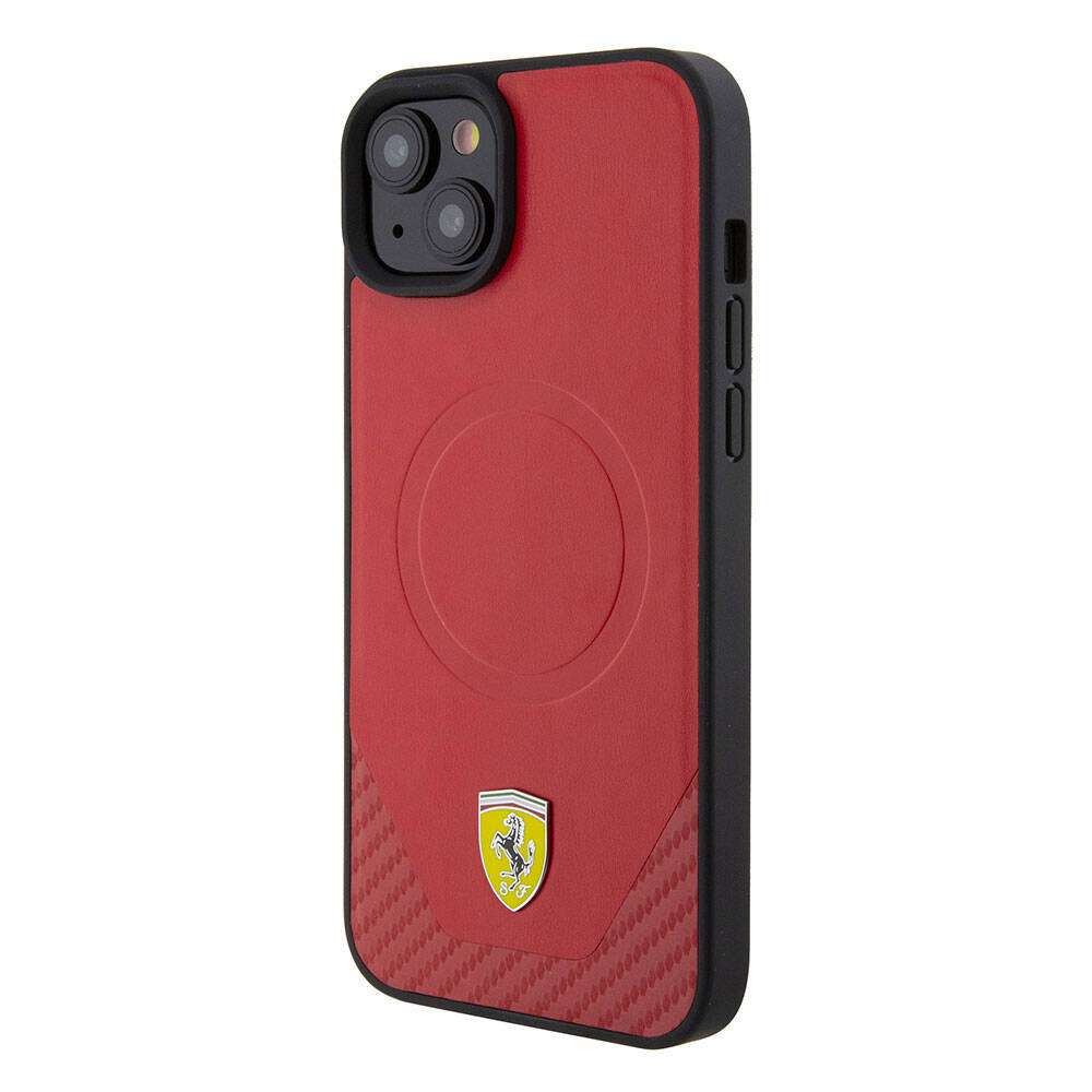 Apple iPhone 15 Plus Kılıf Ferrari Orjinal Lisanslı M-safe Şarj Özellikli Metal Logolu PU Karbon Kapak