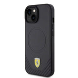 Apple iPhone 15 Plus Kılıf Ferrari Orjinal Lisanslı M-safe Şarj Özellikli Metal Logolu PU Karbon Kapak