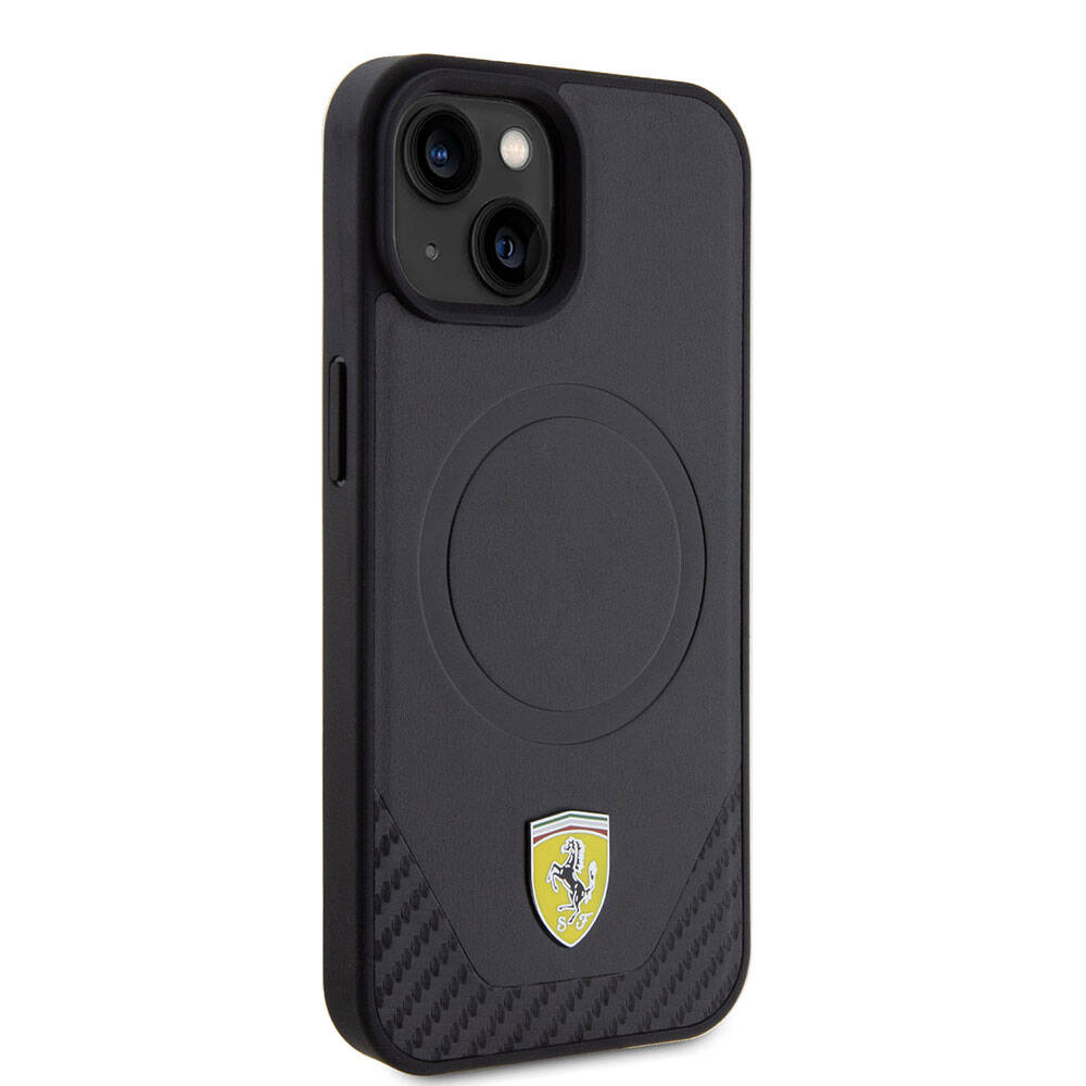 Apple iPhone 15 Plus Kılıf Ferrari Orjinal Lisanslı M-safe Şarj Özellikli Metal Logolu PU Karbon Kapak