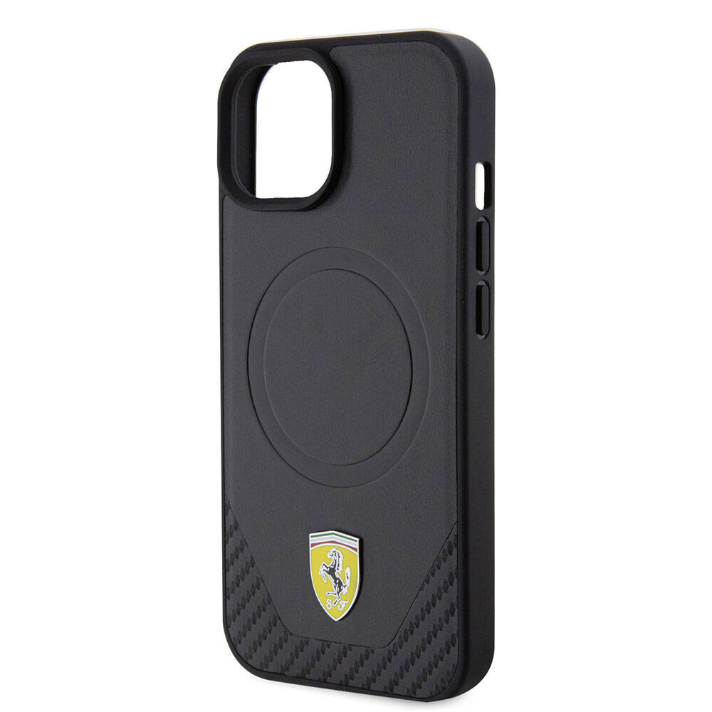 Apple iPhone 15 Plus Kılıf Ferrari Orjinal Lisanslı M-safe Şarj Özellikli Metal Logolu PU Karbon Kapak