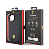 Apple iPhone 15 Plus Kılıf Ferrari Orjinal Lisanslı M-safe Şarj Özellikli Metal Logolu PU Karbon Kapak