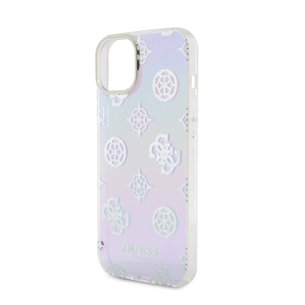 Apple iPhone 15 Plus Kılıf Guess Orjinal Lisanslı Desenli Yazı Logolu Askı İpli Holografik Glitter Peony Kapak
