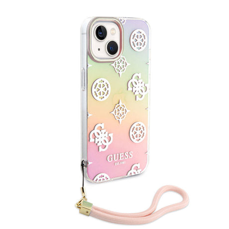 Apple iPhone 15 Plus Kılıf Guess Orjinal Lisanslı Desenli Yazı Logolu Askı İpli Holografik Glitter Peony Kapak