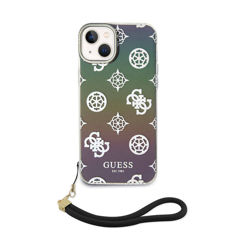 Apple iPhone 15 Plus Kılıf Guess Orjinal Lisanslı Desenli Yazı Logolu Askı İpli Holografik Glitter Peony Kapak