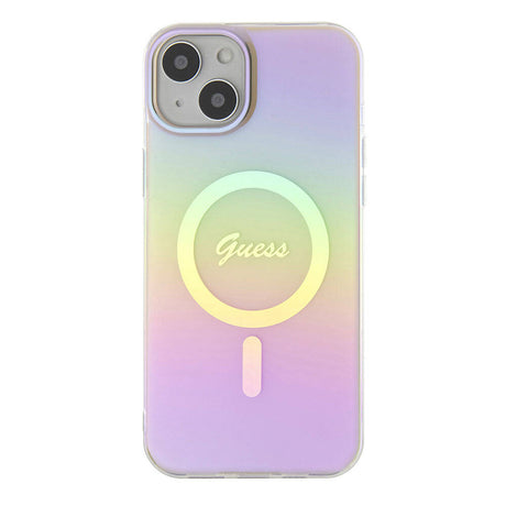 Apple iPhone 15 Plus Kılıf Guess Orjinal Lisanslı M-safe Şarj Özellikli Yazı Logolu Iridescent Kapak