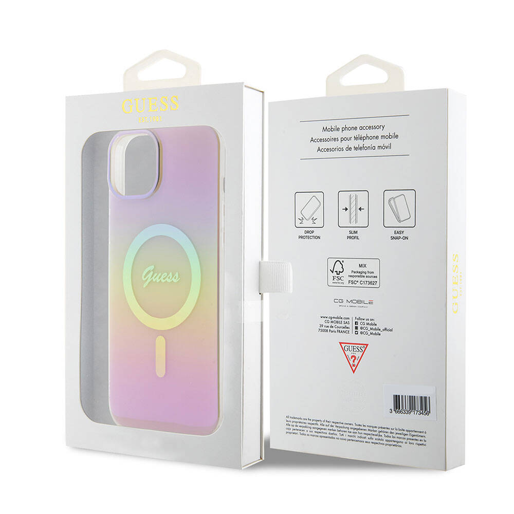 Apple iPhone 15 Plus Kılıf Guess Orjinal Lisanslı M-safe Şarj Özellikli Yazı Logolu Iridescent Kapak