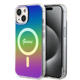 Apple iPhone 15 Plus Kılıf Guess Orjinal Lisanslı M-safe Şarj Özellikli Yazı Logolu Iridescent Kapak