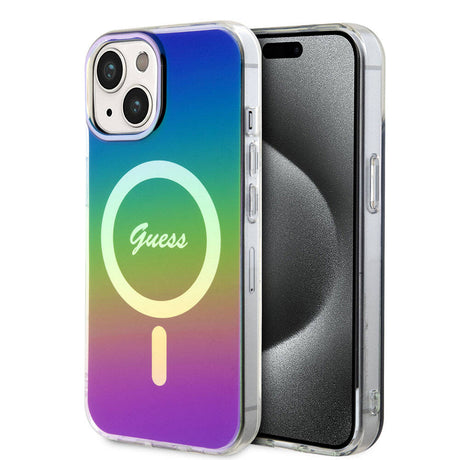 Apple iPhone 15 Plus Kılıf Guess Orjinal Lisanslı M-safe Şarj Özellikli Yazı Logolu Iridescent Kapak