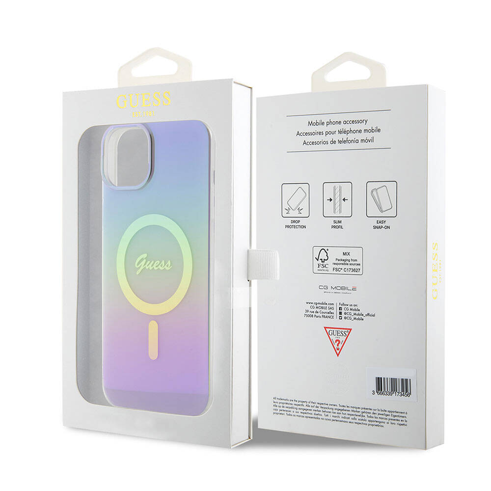 Apple iPhone 15 Plus Kılıf Guess Orjinal Lisanslı M-safe Şarj Özellikli Yazı Logolu Iridescent Kapak