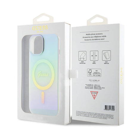 Apple iPhone 15 Plus Kılıf Guess Orjinal Lisanslı M-safe Şarj Özellikli Yazı Logolu Iridescent Kapak