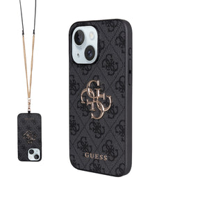 Apple iPhone 15 Plus Kılıf Guess Orjinal Lisanslı PU Deri 4G Büyük Metal Logolu Çapraz Vücut Askılı Kapak