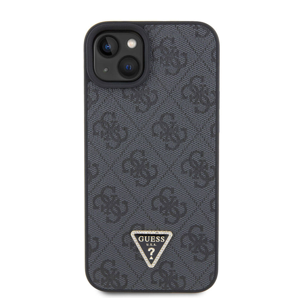 Apple iPhone 15 Plus Kılıf Guess Orjinal Lisanslı PU Deri Askılı Taşlı Üçgen Logo 4G Desenli Strass Crossbody Kapak