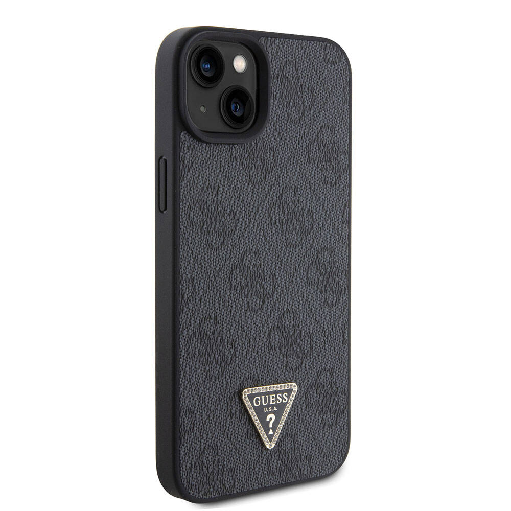 Apple iPhone 15 Plus Kılıf Guess Orjinal Lisanslı PU Deri Askılı Taşlı Üçgen Logo 4G Desenli Strass Crossbody Kapak