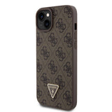 Apple iPhone 15 Plus Kılıf Guess Orjinal Lisanslı PU Deri Askılı Taşlı Üçgen Logo 4G Desenli Strass Crossbody Kapak