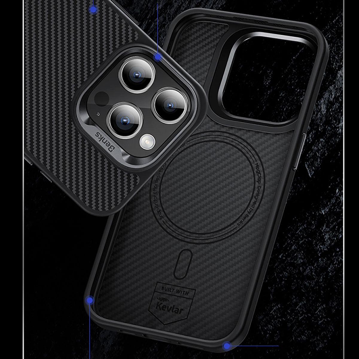 Apple iPhone 15 Plus Kılıf Karbon Fiber M-safe Şarj Özellikli Benks Hybrid ArmorPro 600D Kevlar Kapak