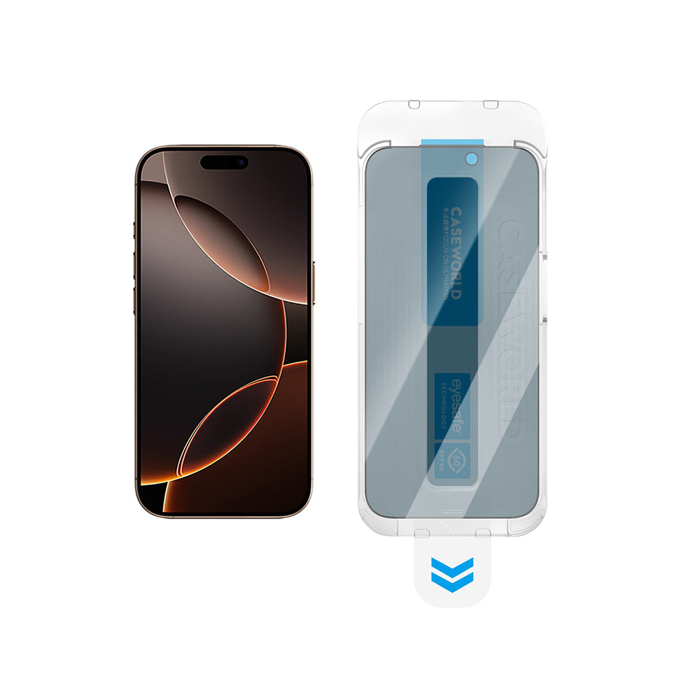 Apple iPhone 15 Pro CaseWorld Applicator Serisi 2.5D Eyesafe Mavi Işık Teknolojili 0.33mm Privacy Temperli Cam Ekran Koruyucu + Uygulama Aparatı