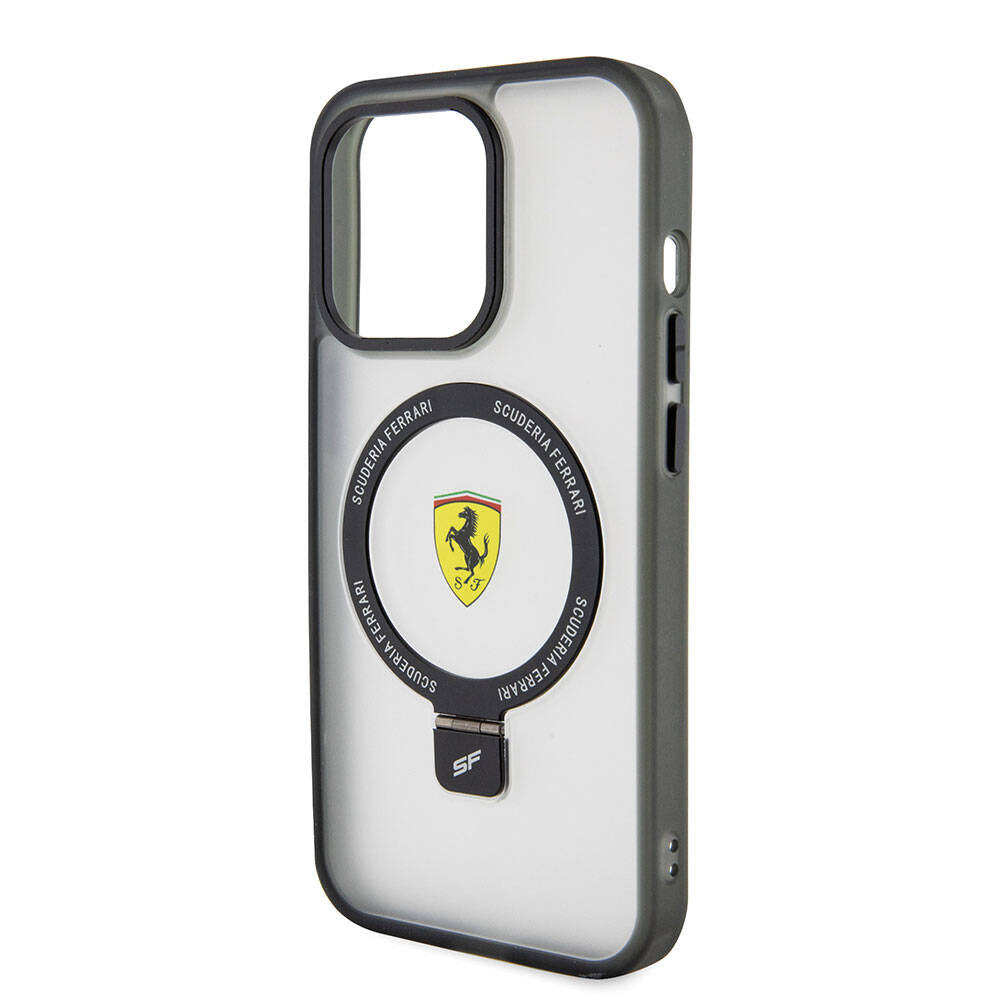 Apple iPhone 15 Pro Kılıf Ferrari M-safe Şarj Özellikli Standlı Buzlu Yüzey Dizayn Kapak