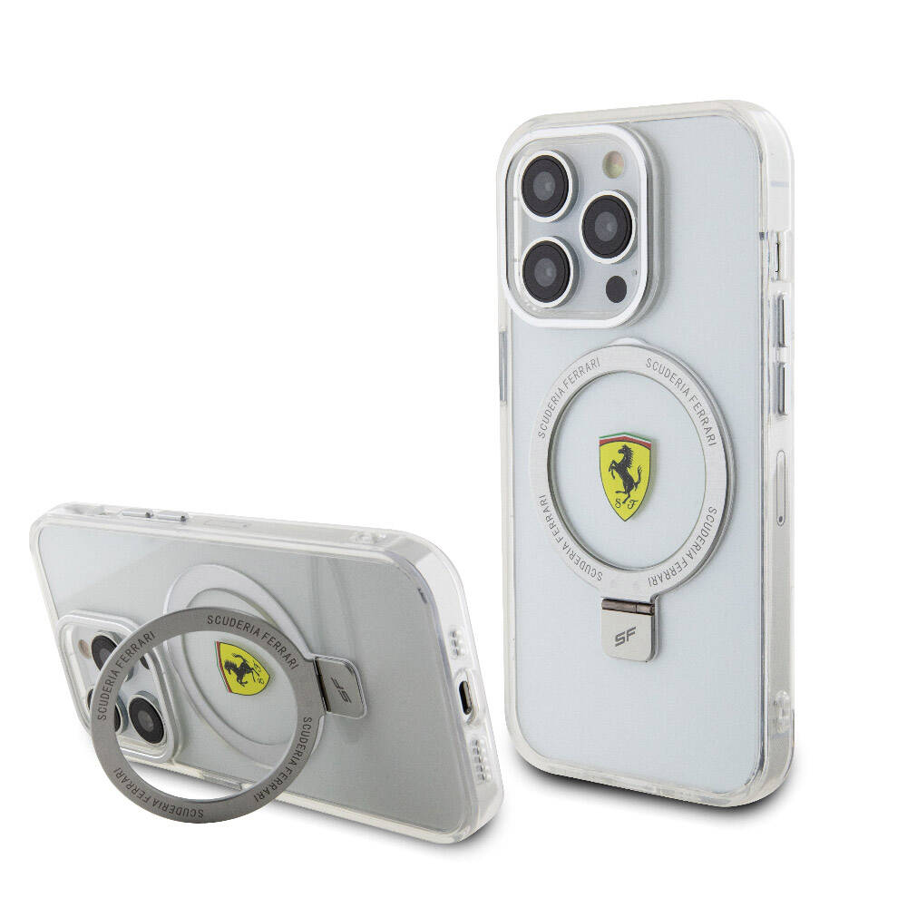 Apple iPhone 15 Pro Kılıf Ferrari M-safe Şarj Özellikli Standlı Buzlu Yüzey Dizayn Kapak