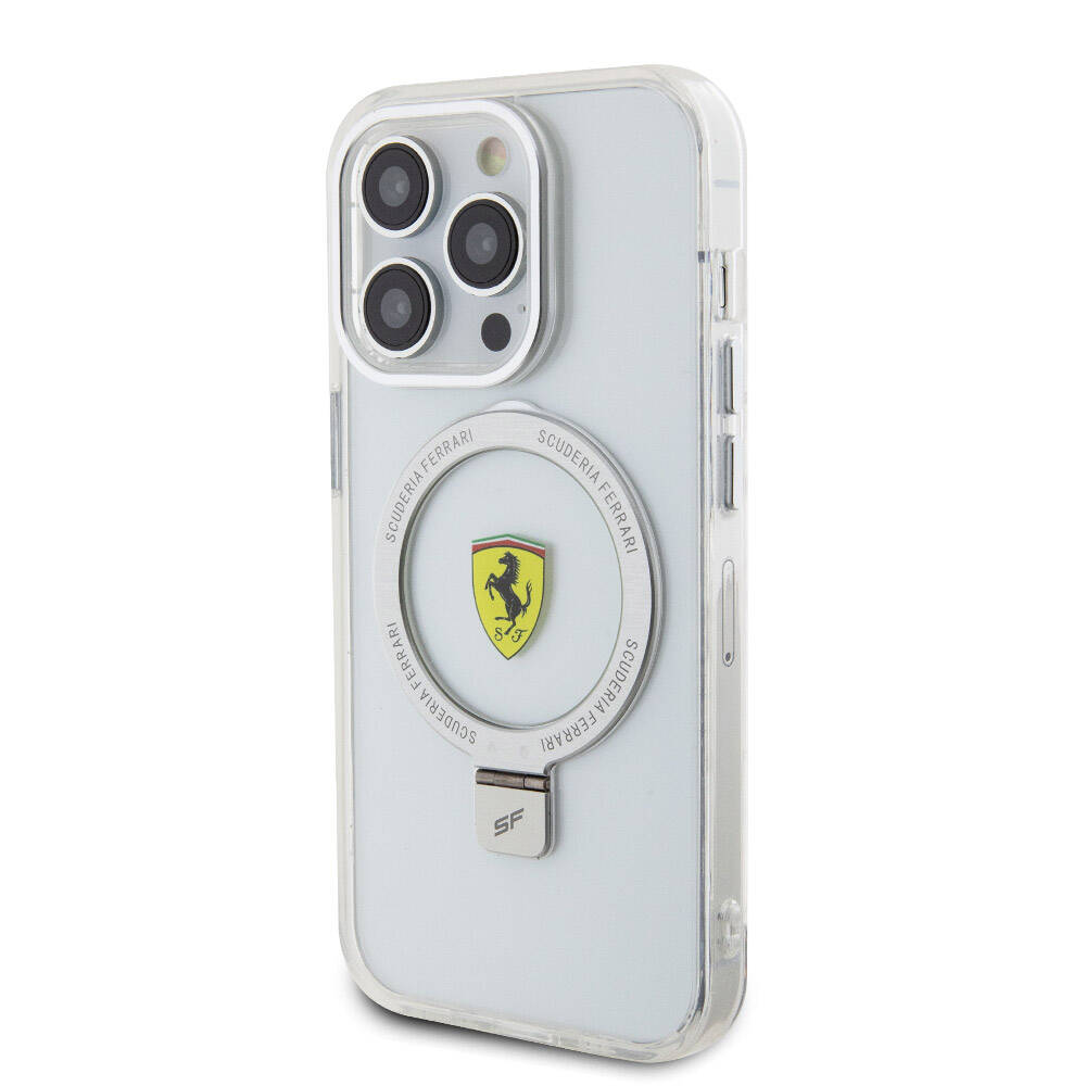 Apple iPhone 15 Pro Kılıf Ferrari M-safe Şarj Özellikli Standlı Buzlu Yüzey Dizayn Kapak