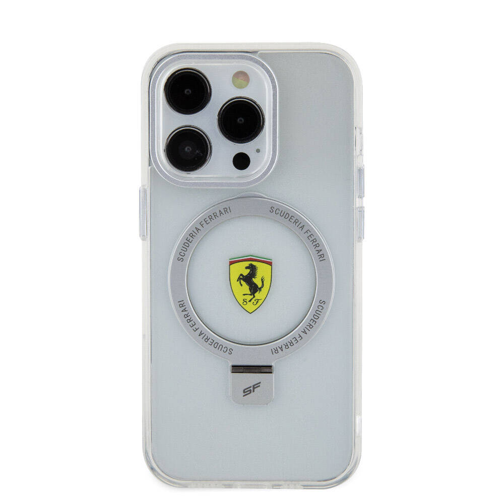 Apple iPhone 15 Pro Kılıf Ferrari M-safe Şarj Özellikli Standlı Buzlu Yüzey Dizayn Kapak