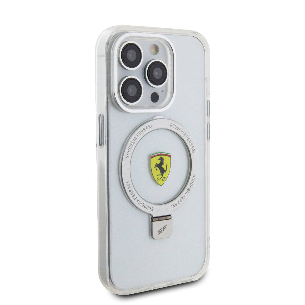 Apple iPhone 15 Pro Kılıf Ferrari M-safe Şarj Özellikli Standlı Buzlu Yüzey Dizayn Kapak
