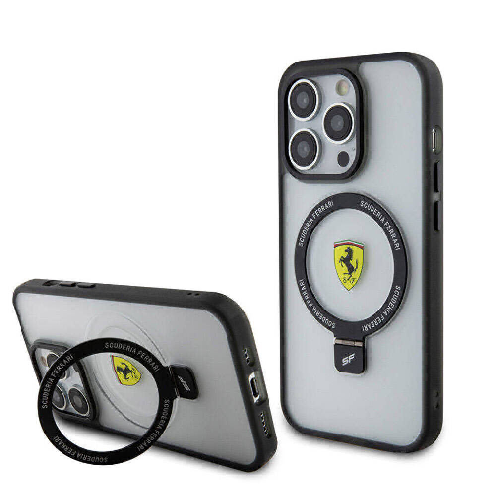 Apple iPhone 15 Pro Kılıf Ferrari M-safe Şarj Özellikli Standlı Buzlu Yüzey Dizayn Kapak