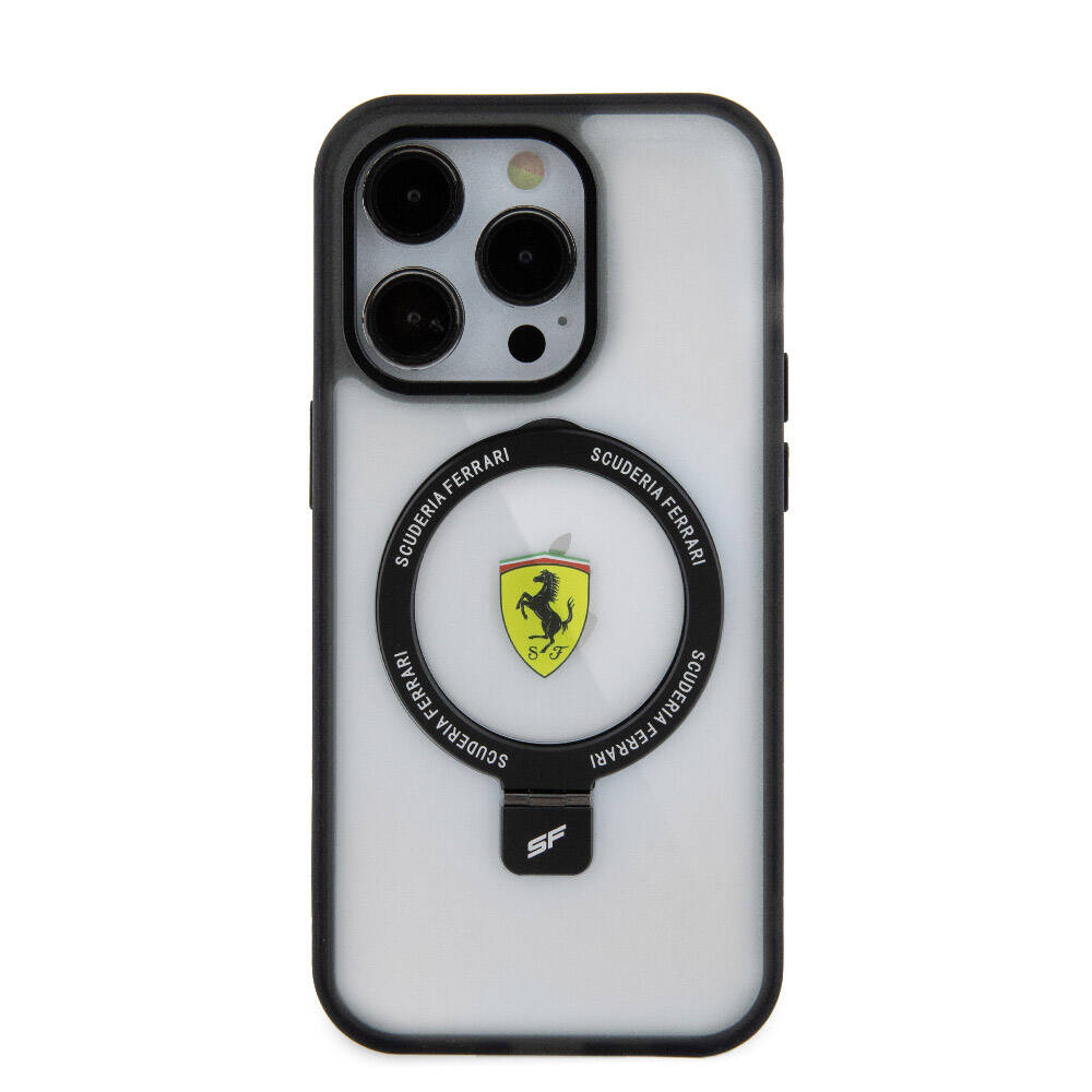 Apple iPhone 15 Pro Kılıf Ferrari M-safe Şarj Özellikli Standlı Buzlu Yüzey Dizayn Kapak