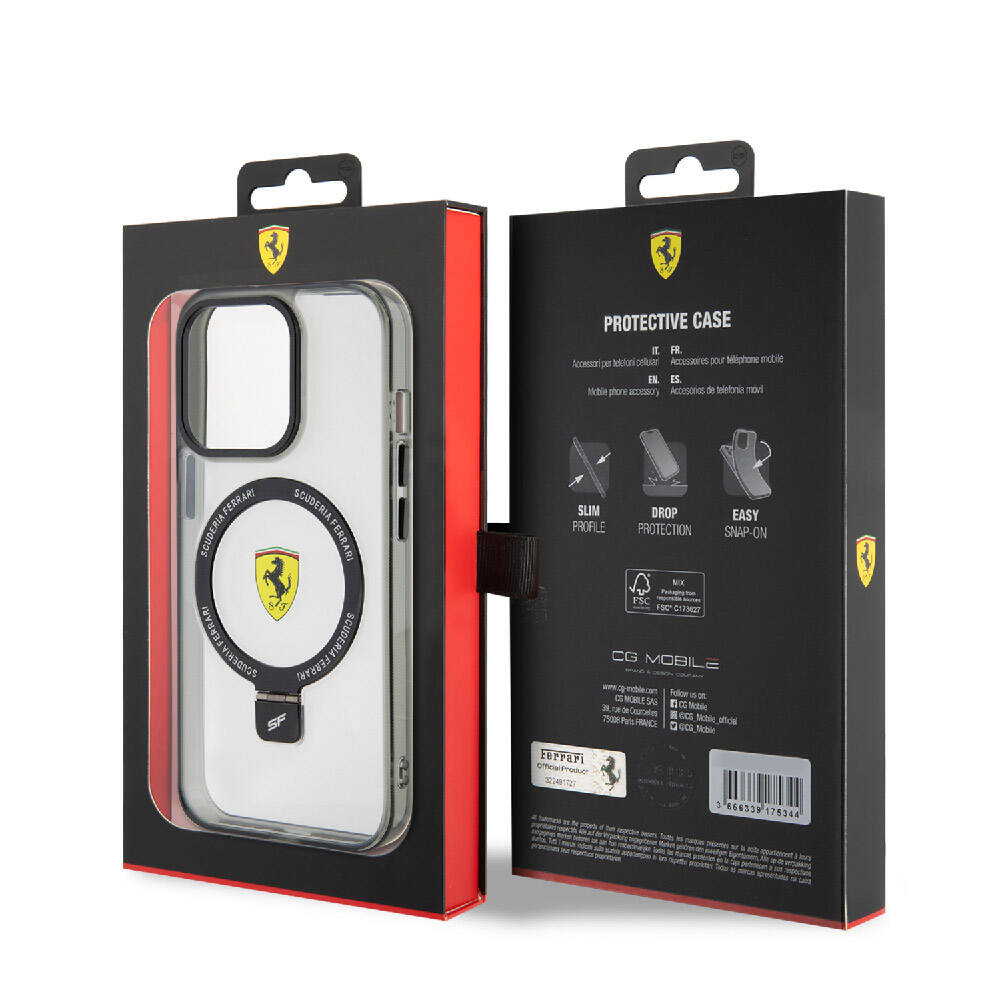 Apple iPhone 15 Pro Kılıf Ferrari M-safe Şarj Özellikli Standlı Buzlu Yüzey Dizayn Kapak